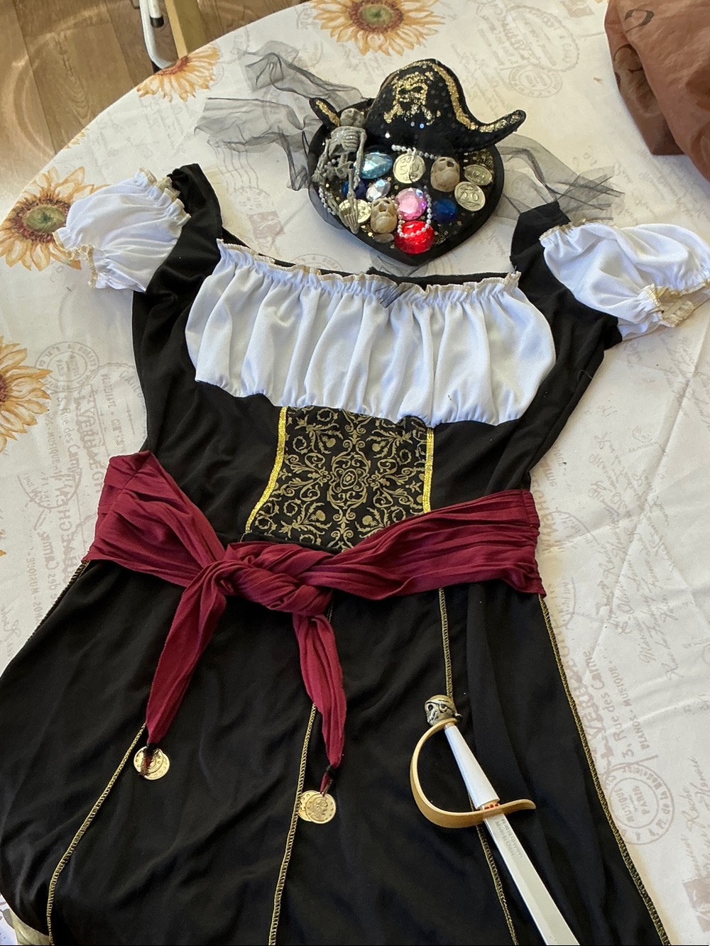 Pirate Costume Dress with Burgundy Sash and fancy decorated Pirate Hat